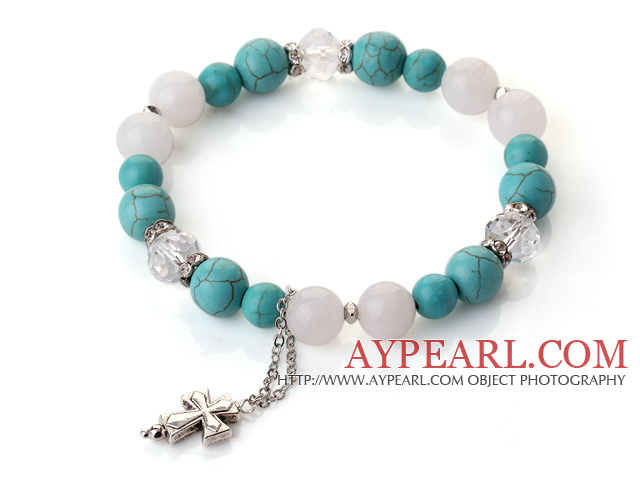 Fashion Simple Design Green Turquoise White Jade and Clear Crystal Bracelet with Cross Accessory