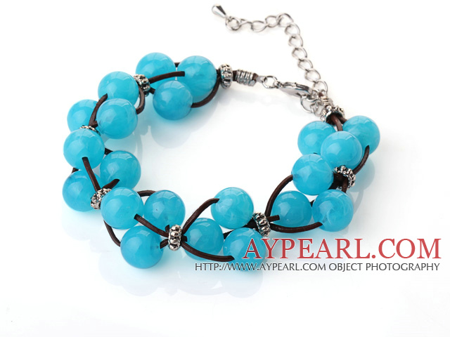 Fashion Design New Blue Acrylic Beads Leather Bracelet with Lobster Clasp