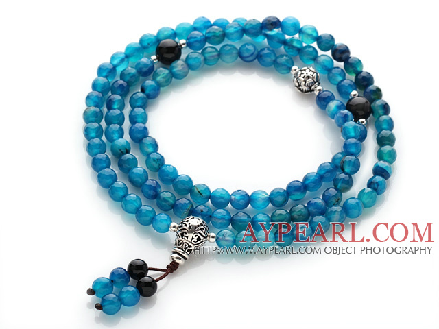 Trendy Beautiful 108 Faceted Light Blue Agate Beads Rosary/Prayer Bracelet with Black Agate and Sterling Silver Beads Accessory