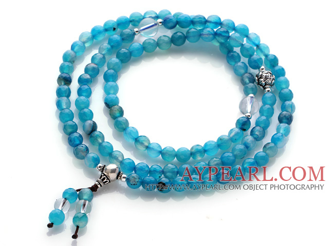 Trendy Vakker 108 Fasettert Light Blue Agate Perler Rosary / Bønn armbånd med Clear Crystal og Sølv perler