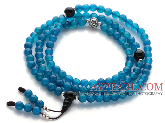 Trendy Beautiful 108 Faceted Blue Agate Beads Rosary/Prayer Bracelet with Black Agate and Sterling Silver Beads