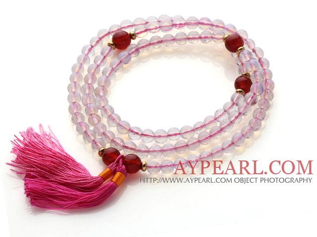 Trendy Multi Layer Faceted Opal Beads Bracelet with Carnelian Beads and Pink Tassel(can also be worn as necklace)