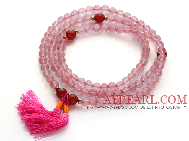 Trendig Multi Layer Round Cherry Quartz Pärlor Armband med Karneol pärlor och rosa Tassel ( kan även bäras som halsband )