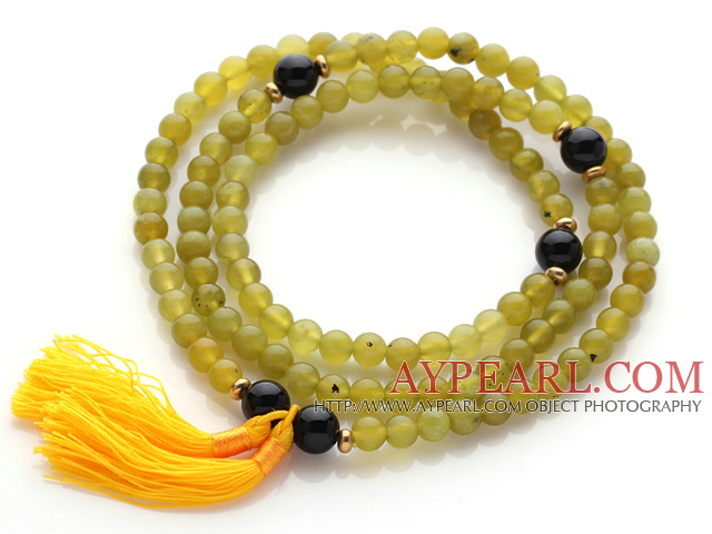 Trendy Multi Layer Round South Korean Jade Beads Bracelet with Black Agate Beads and Yellow Tassel(can also be worn as necklace)