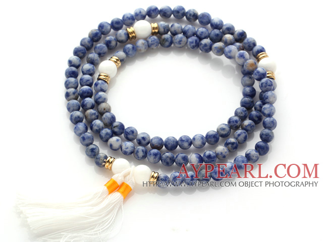 Trendy Multi Layer Round Sodalite Beads Bracelet with White Sea Shell Beads and White Tassel(can also be worn as necklace)