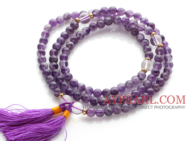 Trendy Multi Layer Round Amethyst Beads Bracelet with Clear Crystal Beads and Purple Tassel(can also be worn as necklace)