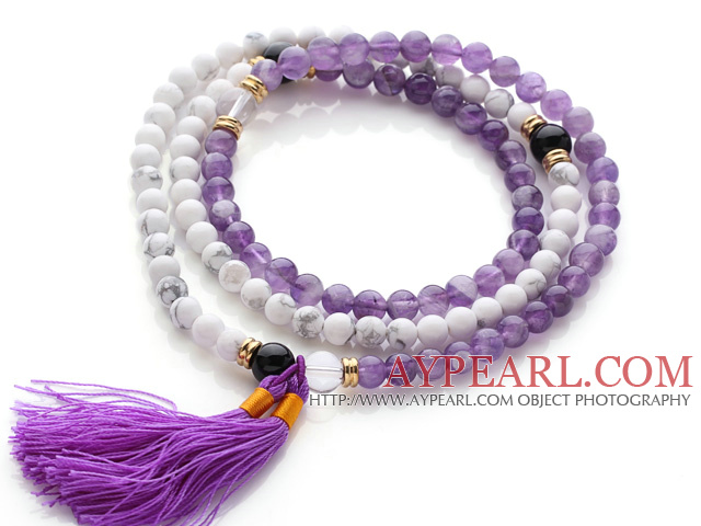 Trendy Multi Layer Round howlit og ametyst perler armbånd med dusk ( kan også brukes som smykke )