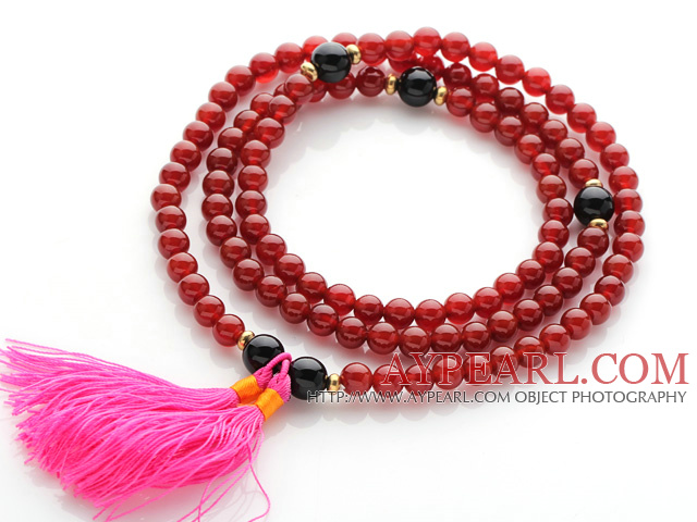 Incroyable ronde cornaline perles de chapelet / Prière Bracelet avec perles noires d'agate et rose Tassel ( peut également être porté comme collier )
