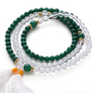 Amazing Round Green Agate and Clear Crystal Beads Rosary/Prayer Bracelet with White Tassel(can also be worn as necklace)