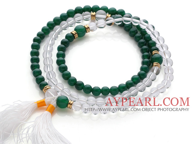 Vert incroyable ronde agate et cristal clair perles de chapelet / Prayer Bracelet blanc Tassel ( peut également être porté comme collier )