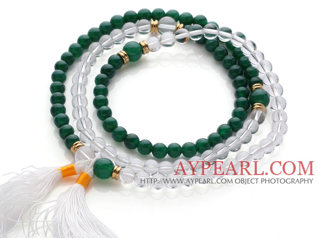 Amazing Round Green Agate and Clear Crystal Beads Rosary/Prayer Bracelet with White Tassel(can also be worn as necklace)