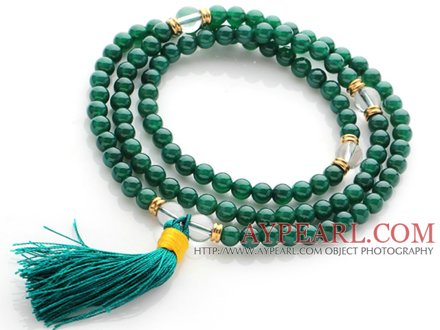 Incroyable rond vert Agate perles de chapelet / Prayer Bracelet avec perles claires ctystal et Tassel ( peut également être porté comme collier )