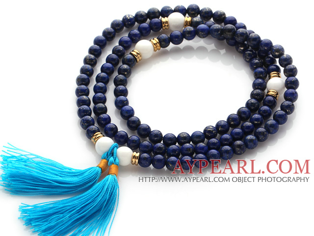 Amazing Round Lapis Beads Rosary/Prayer Bracelet with White Sea Shell Beads and Blue Tassel(can also be worn as necklace)