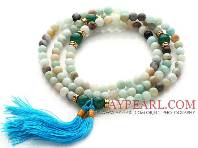 Amazing Round Amazon Stone Beads Rosary/Prayer Bracelet with Green Agate Beads and Tassel(can also be worn as necklace)