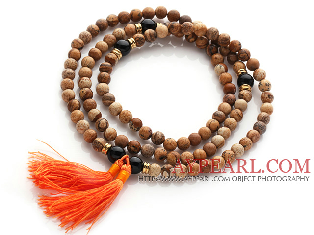 Incroyable ronde Photo Jasper perles de chapelet / Prayer Bracelet avec perles noires d'agate et Tassel ( peut également être porté comme collier )