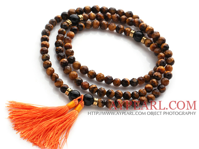 Amazing Faceted Tiger Eye margele Rozariu / Rugăciunea Bratara cu negru Agate margele si Tassel ( poate fi , de asemenea, purtat ca colier )