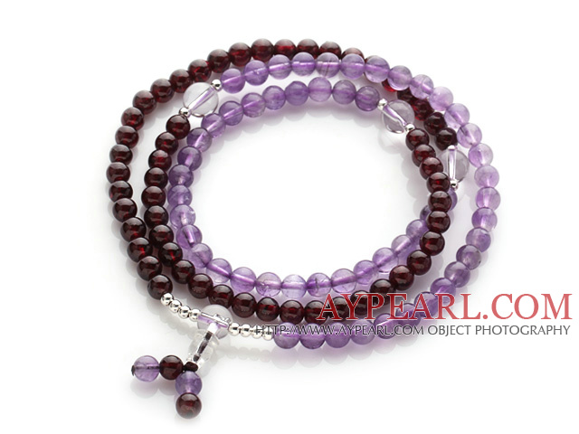 Beautiful Wrap Round Amethyst and Garnet Beads Rosary Bracelet with Clear Ctystal Beads(can also be worn as necklace)