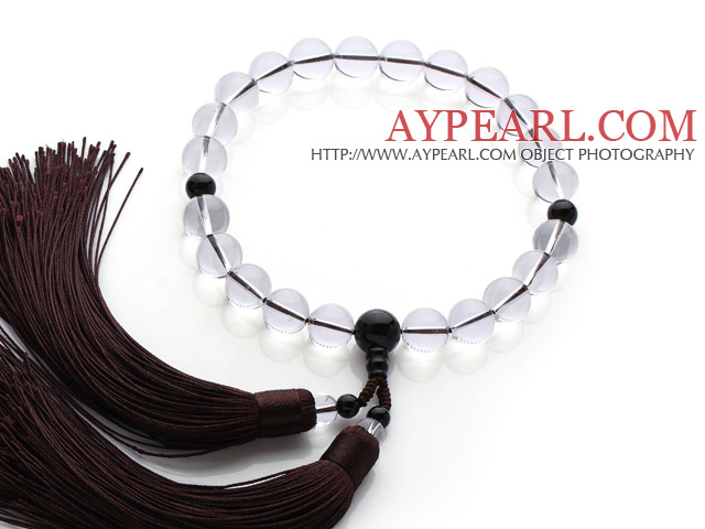 Newly Fashion Single Strand Natural Round Clear Crystal and Black Agate Holding Prayer Beads with Brown Tassel