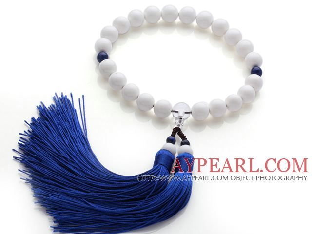 Newly Fashion Single Strand Round White Sea Shell and Lapis Holding Prayer Beads with Blue Tassel