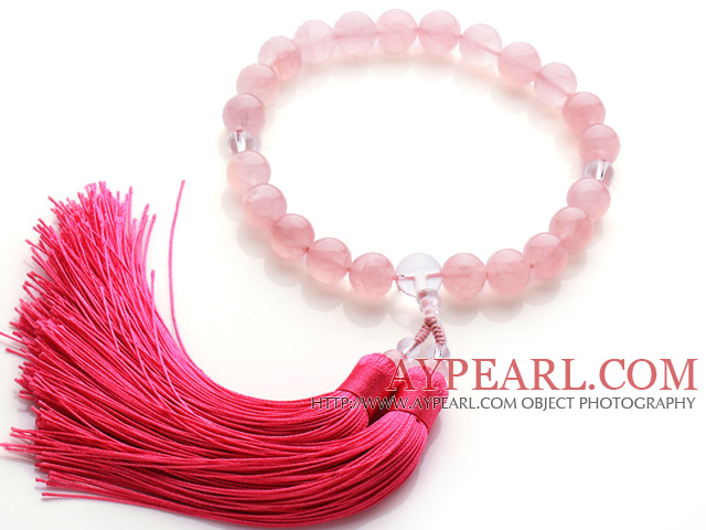Newly Fashion Single Strand Round Rose Quartz and Clear Crystal Holding Prayer Beads with Pink Tassel
