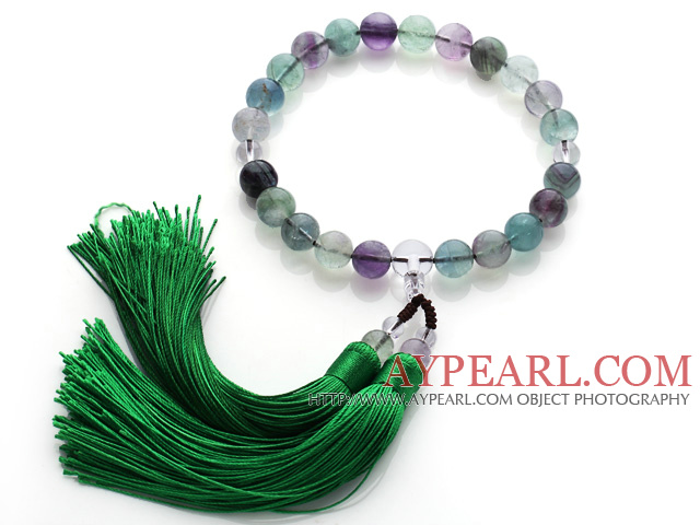 Newly Fashion Single Strand Round Fluorite and Clear Crystal Holding Prayer Beads with Green Tassel