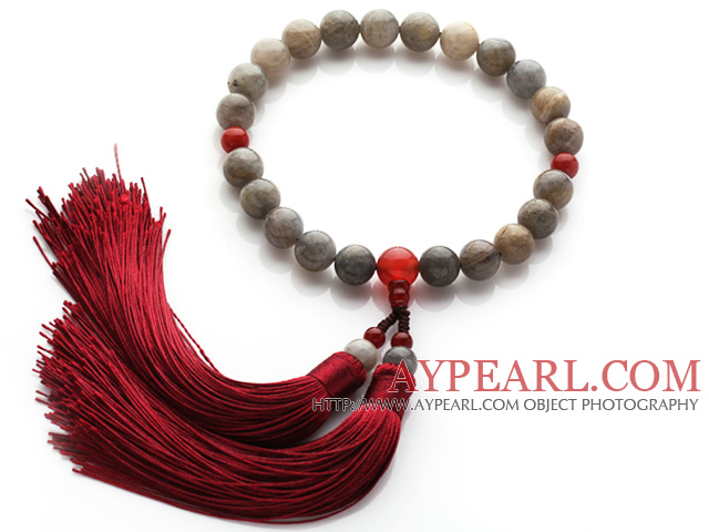 Newly Fashion Single Strand Round Flashing Stone and Carnelian Holding Prayer Beads with Red Tassel