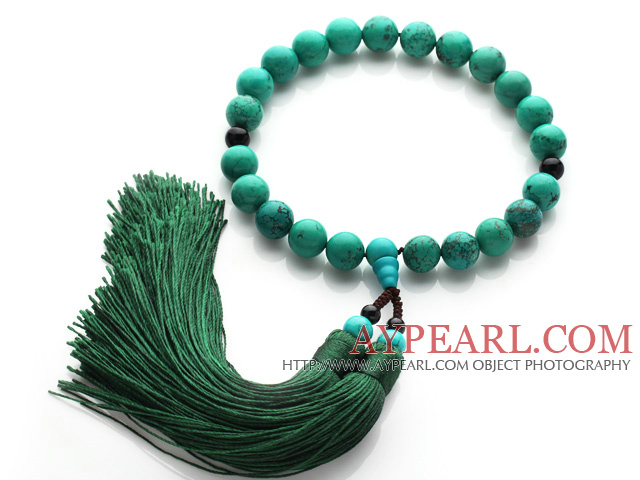 Newly Fashion Single Strand Round Green Turquoise and Black Agate Holding Prayer Beads with Green Tassel