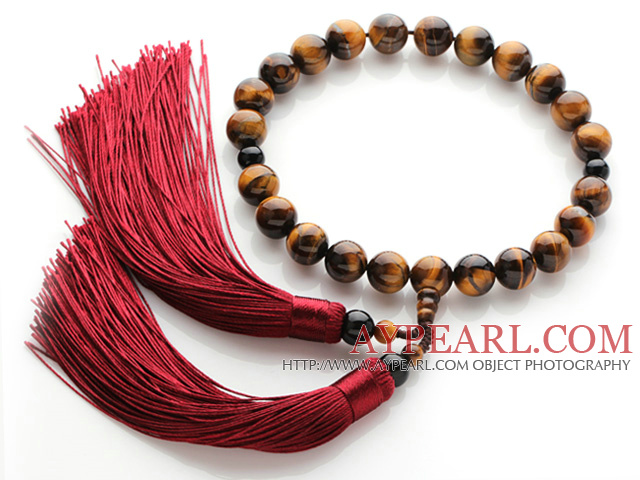 Newly Fashion Single Strand Round Tiger Eye and Black Agate Holding Prayer Beads with Red Tassel