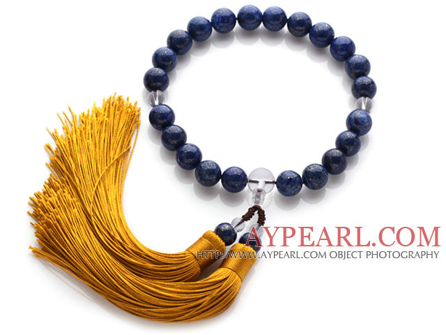 Neu Mode Single Strand Runde Lapis und Clear Crystal Halten Gebetskette mit gelben Quaste