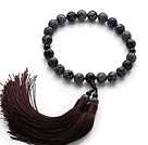 Newly Fashion Single Strand Round Black Alabaster and Black Agate Holding Prayer Beads with Brown Tassel