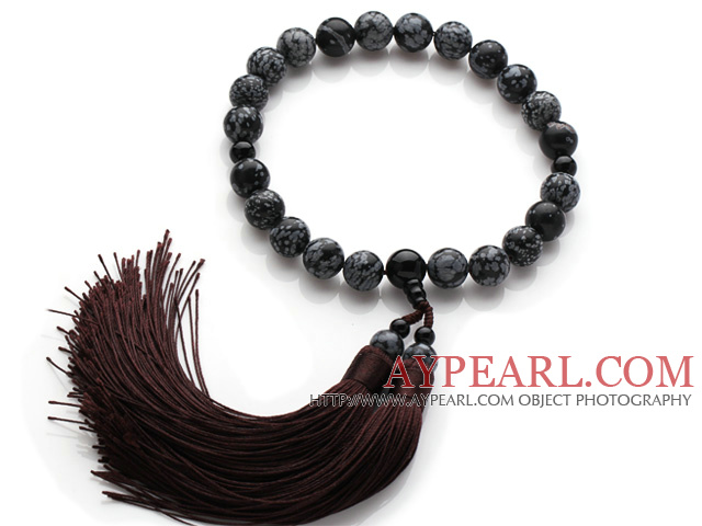 Neu Mode Single Strand Round Black Alabaster und schwarzem Achat Halten Gebetskette mit Brown Tassel