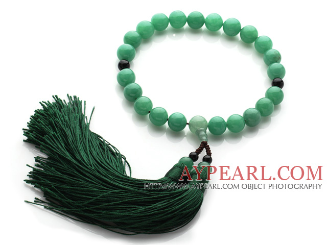 Nouvellement Mode Single Strand Aventurine Ronde et agate noire tenir Chapelet avec vert Tassel