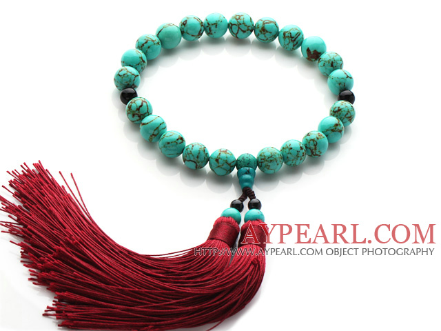 Newly Fashion Single Strand Round Turquoise and Black Agate Holding Prayer Beads with Red Tassel