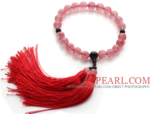 Newly Fashion Single Strand Round Cherry Quartz and Black Agate Holding Prayer Beads with Red Tassel