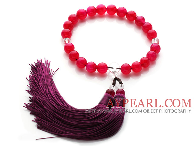 Newly Fashion Single Strand Round Rose Red Agate and Clear Crystal Holding Prayer Beads with Tassel