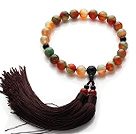 Neu Mode Single Strand Runde Pfau Achat und schwarzem Achat Halten Gebetskette mit Brown Tassel