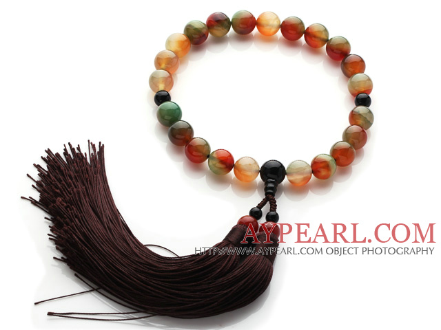 Newly Fashion Single Strand Round Peacock Agate and Black Agate Holding Prayer Beads with Brown Tassel