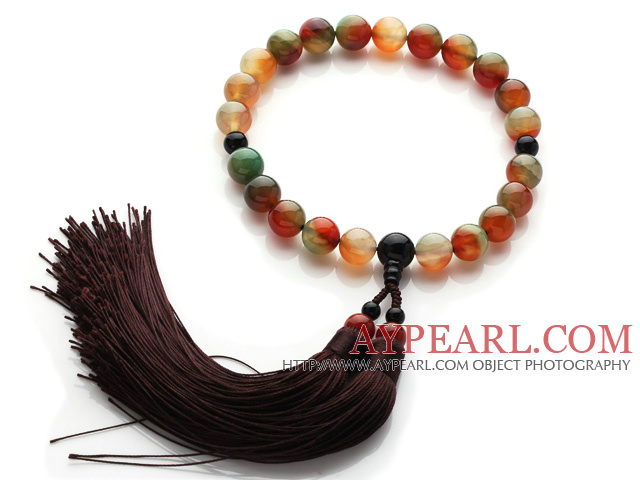 Neu Mode Single Strand Runde Pfau Achat und schwarzem Achat Halten Gebetskette mit Brown Tassel