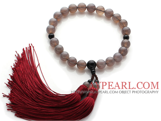 Newly Fashion Single Strand Round Grey Agate and Black Agate Holding Prayer Beads with Red Tassel