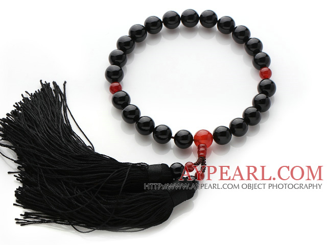 Nouvellement Mode Single Strand cornaline ronde et agate noire tenir Chapelet avec Noir Tassel
