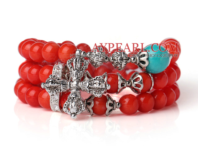 Amazing Hot Three Strands Round Red Coral Beads Bracelet with Turquoise and Amulet Accessory