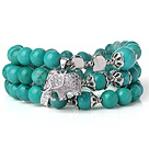 Amazing Hot Three Strands Round Green Turquoise Beads Bracelet with Lucky Elephant Accessory