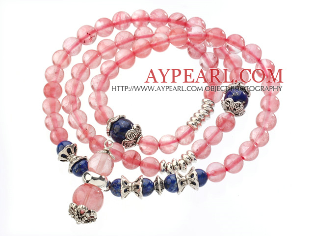 Pretty Tre Strands Round Cherry Quartz armbånd med Lapis Perler og Tibet Silver Tilbehør