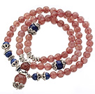Discount Pretty Three Strands Round Strawberry Crystal Bracelet with Lapis Beads and Tibet Silver Accessory