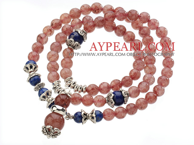 Pretty Three Strands Round Strawberry Crystal Bracelet with Lapis Beads and Tibet Silver Accessory