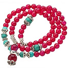 Pretty Three Strands A Grade Round Rose Red Agate Beads Bracelet with Turquoise Beads