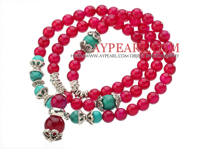 Pretty Tre Strands En Grade Round Rose Red Agate perler armbånd med turkis perler