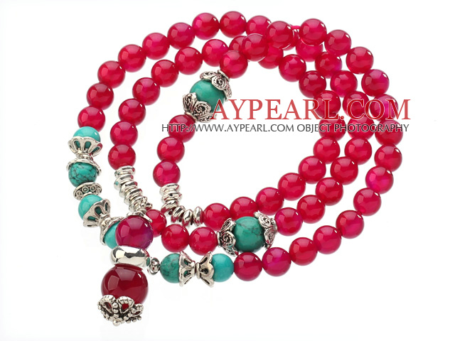 Αρκετά τρία σκέλη Α Βαθμού Γύρου Rose Red Agate σφαιρίδια βραχιόλι με τυρκουάζ χάντρες