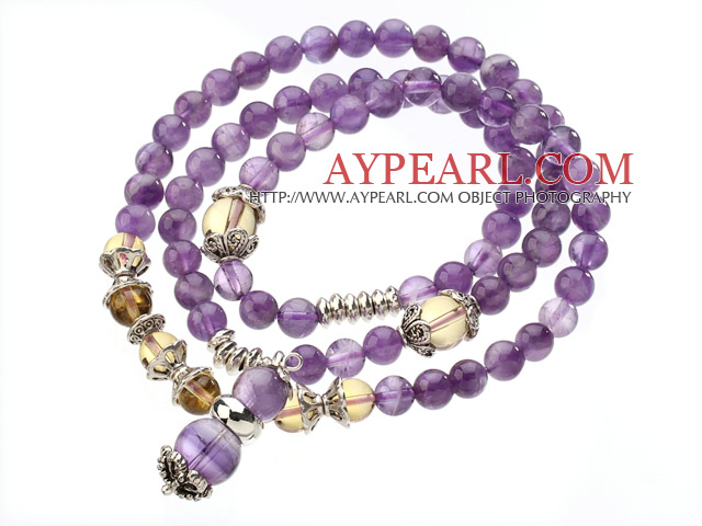 Pretty Tre Strands Round Amethyst perler armbånd med Citrin Perler