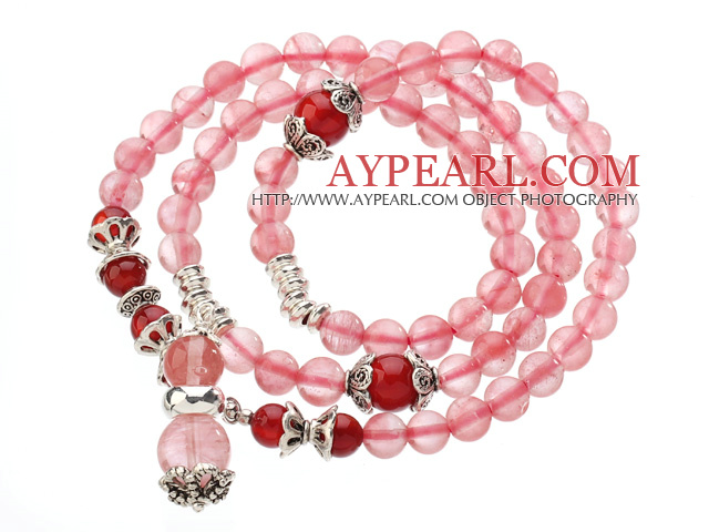 Pretty Tre Strands Cherry Quartz perler armbånd med Carnelian og Tibet Silver Tilbehør